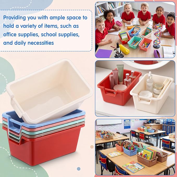 Thyle 12 Pieces Plastic Cubby Bins with Labels Classroom Book Bins Stackable Storage Container Durable Toy Storage Organizer Baskets for School Classroom Office (Handle,Morandi Color2) - Image 6
