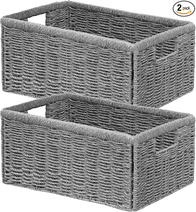 Wicker Storage Basket, Set of 2 Hand Woven Wicker Baskets for Organizing with Handles, Decorative Small Storage Bins for Countertop Toilet Paper Basket for Toilet Tank Top Shelves, Grey by Vagusicc