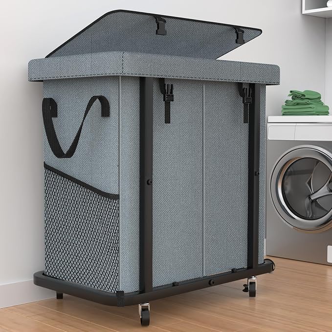 Laundry Basket with Lid,190L Rolling Laundry Hamper with Wheels,Grey | Dirty Clothes Hamper with Metal Frame and Removable Bag Design, Suitable for Laundry Room, Bedroom(2 Section) by Unlockyourhomestoragelife