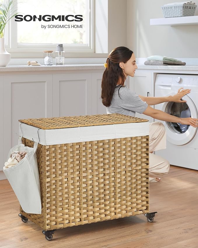 SONGMICS Laundry Hamper with Lid, 42.3 Gallons (160 L), Rolling Laundry Basket with Wheels, 3-Section Synthetic Rattan, Removable Liner, Bedroom, 29.9 x 13 x 26 Inches, Natural ULCB365N01 - Image 2
