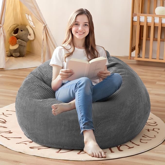 2.5FT Bean Bag Chair,Teardrop Bean Bags with Memory Foam Filled | Beanbag Chairs with Handle,Teardrop Bean Bag Sofa with Corduroy Machine Washable Cover for Living Room,Bedroom-Grey by Cansunna