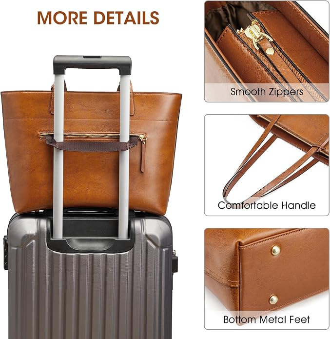 Kattee Vintage Genuine Leather Work Tote for Women | Spacious interior with a zip compartment for organized work, travel, and everyday essentials. - Image 7