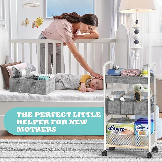 2In1 Baby Diaper Caddy & 3-Tier Rolling Diaper Cart, Diaper Caddy Organizer Cart with Dividers, Metal Detachable Bedside Cart for Baby Nursery Essentials, Large Capacity, Easy to Assemble, White - Image 4