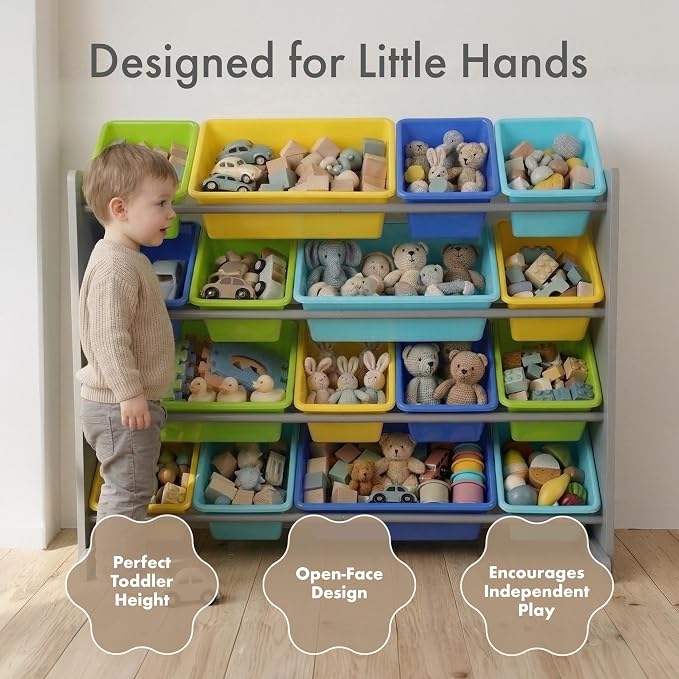 Humble Crew Kids Toy Organizer with 16 Bins, 4 Tier Storage for Playroom | Sturdy wood and steel toddler shelf, removable BPA-free containers, wall anchor anti-tip safety kit for bedroom or classroom - Image 3