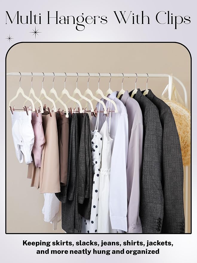 HOUSE DAY Pants Hangers with Clips 24 Pack, with Rose Gold Hook and Clips | Ivory | Non Slip Velvet Flocked | 0.2" Thin | Swivel Hook | Space Saving | Rubber Padded Clip| For Pants, Skirt, Shorts, Coat - Image 2