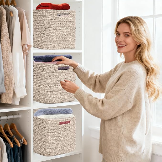 3 Pack Cube Storage Bin, 12”x12”x10” Cotton Rope Woven Baskets for Organizing Toys Clothes Towels, Square Gift Storage Baskets for Shelves, Nursery, Closet, Bathroom, Pantry (Jute) - Image 6