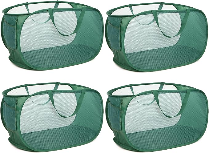 4 Pack Collapsible Laundry Baskets, Foldable Laundry Basket with Pocket, Durable Pop Up Hampers, Reinforced Handles Dirty Clothes Hamper for Laundry, Bedroom, Bathroom, Dorm, Travel or Camping Green by Bemkoo