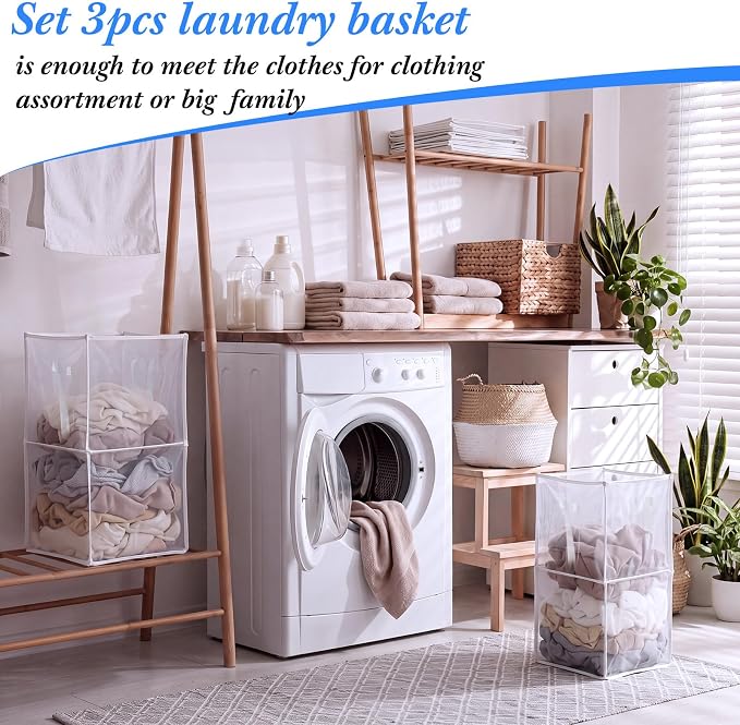 Zopeal 3 Pack Collapsible Mesh Laundry Basket, White, Double-layer | 13 Inch Square with Handles, Portable Foldable Hamper, Mesh See-through, Space Saving for Dorm Bedroom Laundry Room - Image 5