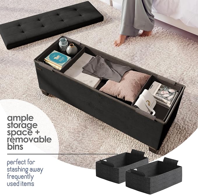 Storage Ottoman Bench with Bins, 43-in Storage Bench for Bedroom End of Bed, Folding Foot Rest Ottoman for Living Room Max 660lbs, Velvet Ottomans, Black - Image 3
