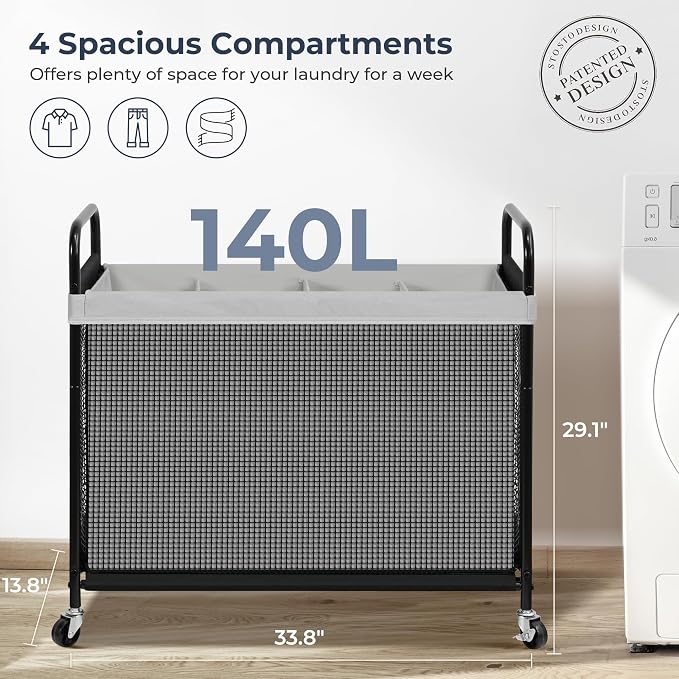 STO STO Laundry Hamper 4 Section, 140L Rolling Laundry Sorter Cart with Removable and Washable Liner Bag, Clothes Hamper with Wheels and Metal Handle for Laundry Room and Bedroom, Gray - Image 5