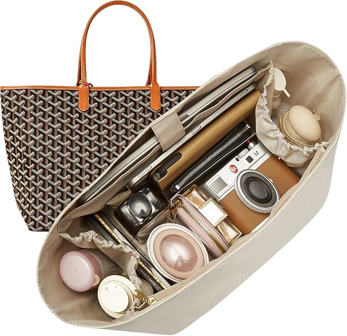 Nylon Purse Organizer Insert for Goyard ST GM with 13" Laptop Sleeve | Waterproof Goyard Tote Bag Organizer Insert with 13in Laptop Sleeve for Saint Louis GM, Elastic Cup Holder YKK Zipper, Beige by Doxo