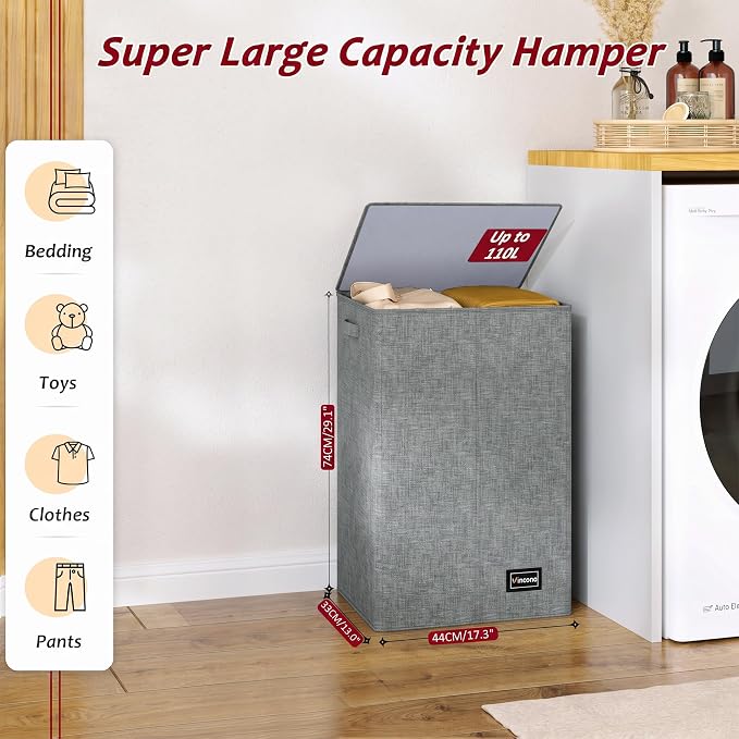 110L Laundry Hamper with Lid, Reinforced Sturdy Large Laundry Hamper with Handle and Lid, Collapsible Clothes Basket Organizer with Removable Liner Bag, Tall Dirty Clothes Bin for Dorm Bedroom - Image 2