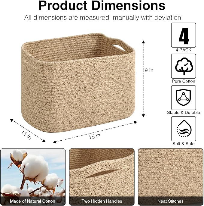 ICERZCZ Rope Storage Baskets for Organizing, 15x11x9 Mixed Brown 4 Packs | Woven Cotton Rope Baskets for Shelves, Organization Bins for Dog Toys Clothes Books, Nursery Bathroom Bedroom Organizer - Image 2