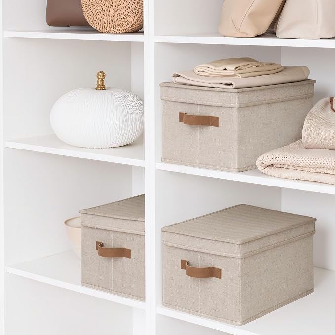 StorageWorks Fabric Storage Bins with Lids, Decorative Storage Bins | Lidded Dust-proof, Easy Pull Handles, Foldable, Stackable, Ideal for Clothes Blanket Towel, Large, Brown and Beige, 3-Pack - Image 5
