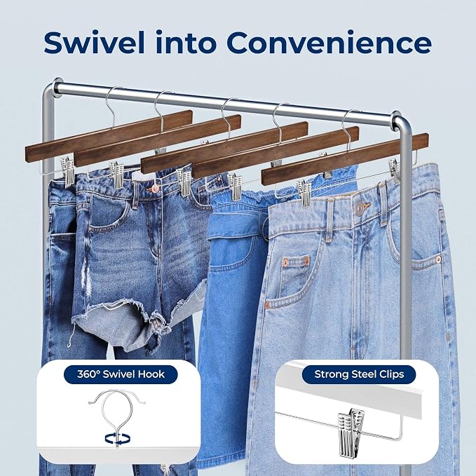 SereneLife 20 Pack Wooden Pants Hangers with 2 Adjustable Clips, 14 Inch Wood Skirt Hangers, Trousers Bottom Hanger with Non-Slip Clips and 360° Swivel Hook, Heavy Duty & Anti Slip (Brown) - Image 6