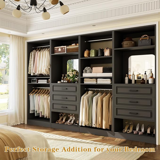 Unikito 100" Wood Closet System with Drawers and Mirror, Black | Large walk in wardrobe organizer with hanging rods and adjustable shelves, sturdy freestanding garment rack tower. - Image 2