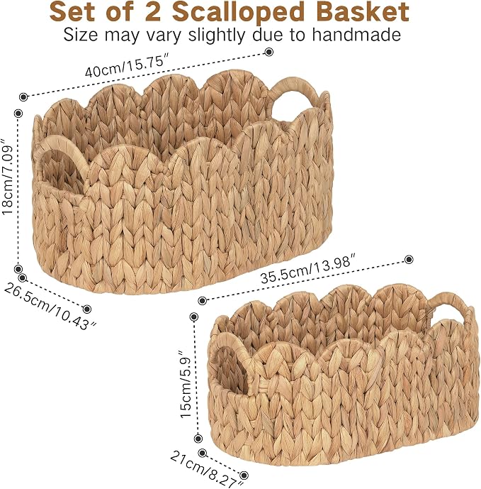 iEGrow Scalloped Wicker Basket, Set of 2 Hand-Woven Natural Rattan Baskets with Built-in Handles, Water Hyacinth Storage Oval Cute Baby Baskets for Nursery, Organizing, Decor and Shelves - Image 3