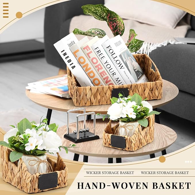 4 Pcs Water Hyacinth Storage Basket Set Boho Wicker Rattan Pantry Basket with Chalkboard Label Handles Woven Container Kitchen Laundry Large Small for Shelves Food Home Bathroom Decor - Image 4