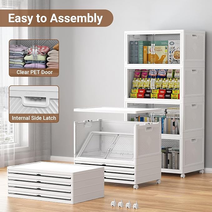 BROVIEW 640QT Large Stackable Storage Bins with Clear Doors, V20 4Pack | 160Gal Plastic Closet Organizer Cabinet with Lid and Wheels, Collapsible Latch Box Folding Drawer for Home, White - Image 6