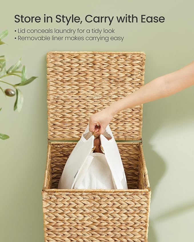 SONGMICS Laundry Hamper With Lid, 95 L Wicker Handwoven Water Hyacinth | Wicker Laundry Basket , Natural Material, Removable Machine Washable Liners, Natural ELIOTT Collection ULCB201Y01 - Image 4