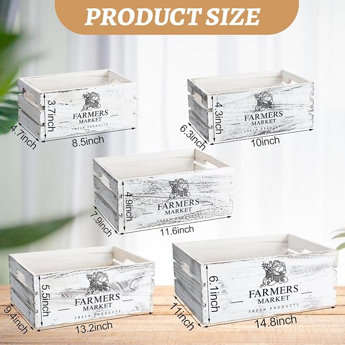 Barydat Set of 5 Wood Crates for Display Decorative Nesting Wooden Crate Storage with Handles Vintage Farmhouse Style Decorative Boxes Multipurpose Fruits Vegetables Boxes (Rustic White,Elegant) - Image 3