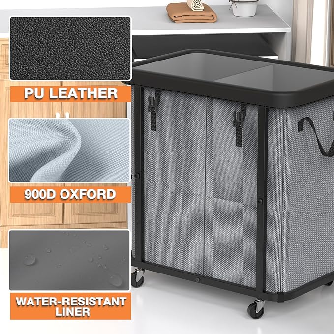 Laundry Basket with Wheels,190L (50 Gal) Laundry Hamper 2 Setion - Gray | Leather Patchwork,Sturdy Metal Frame, Removable Washable Bag, Tall Clothes Sorter for Bedroom - Image 2