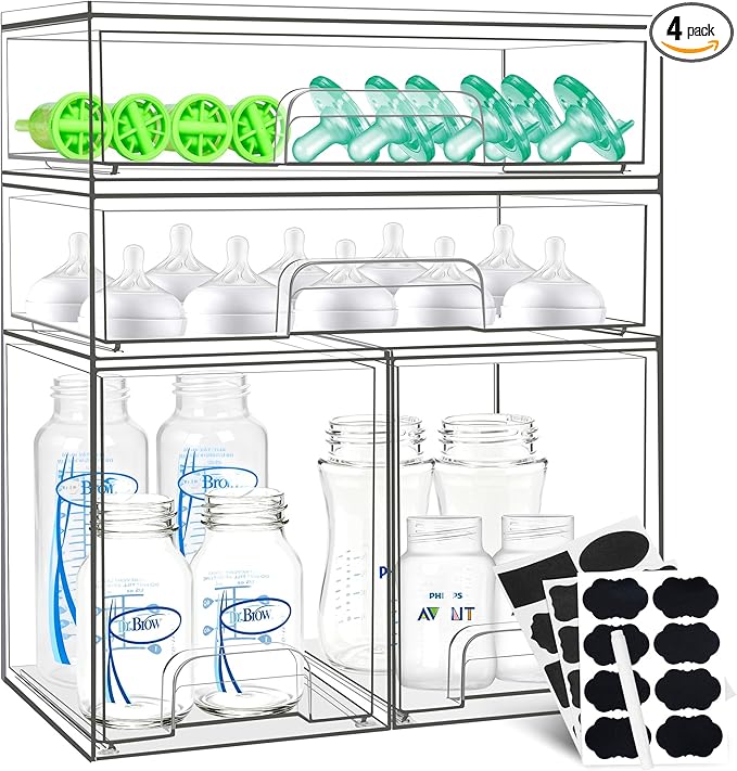 Baby Bottle Organizer, 4 Pack Stackable Storage Drawers with Labels, Clear Station Organizers Container for Pacifiers, Pump Parts, Desk Organizer Bins for Bathroom, Cabinet, Pantry, Vanity, Countertop by Qunland