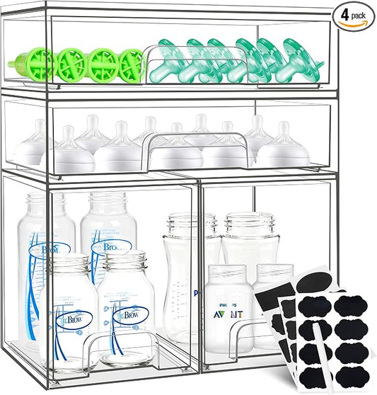 Baby Bottle Organizer, 4 Pack Stackable Storage Drawers with Labels, Clear Station Organizers Container for Pacifiers, Pump Parts, Desk Organizer Bins for Bathroom, Cabinet, Pantry, Vanity, Countertop by Qunland