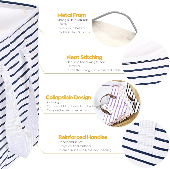 Hinwo 102L XXL Canvas Storage Bin with Lid and Handles, 4-Pack | Collapsible Fabric Baskets, Closet Shelf Organizers, Containers for Clothing, Blankets, Toys, Bedding (Navy Stripe) - Image 6