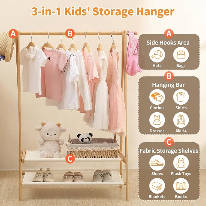Foldable Kids Clothing Rack - Dress Up Storage with 2 Fabric Shelves, Bamboo Small Clothes Rack for Hanging Organizer, Kids Costume Wardrobe & Dress Up Rack for Bedroom, Playroom, Nursery (Natural) - Image 2
