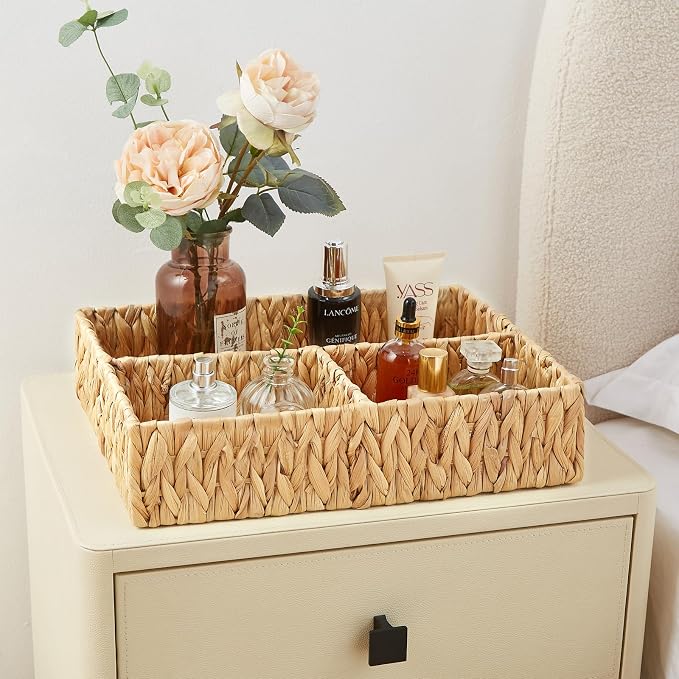 Wicker Divided Storage Basket, Hand-Woven Water Hyacinth Wicker Baskets, Basket for Drawer Organizing, 3 Section Rectangular Woven Storage Baskets, 2-Pack - Image 6