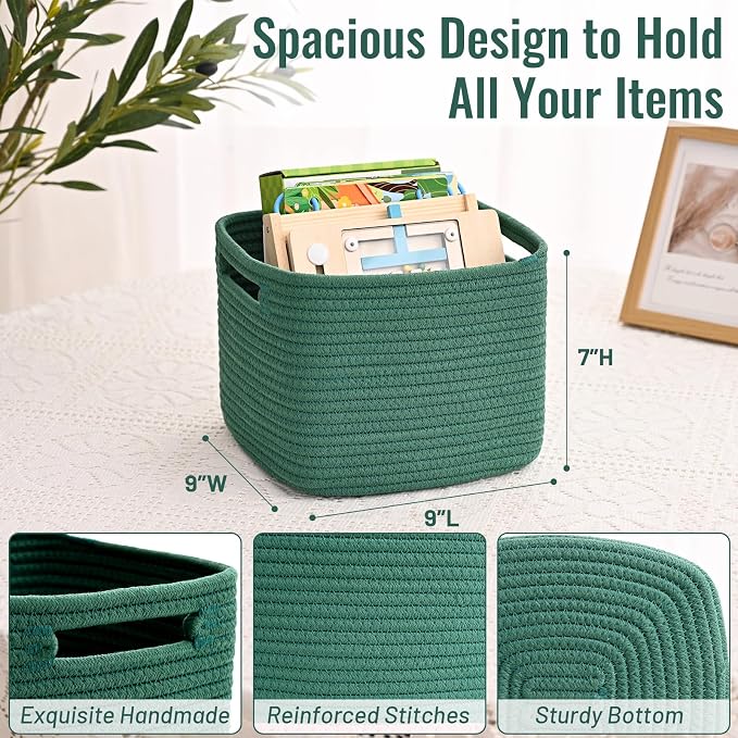 3 Pack Cube Storage Bin, 9”x9”x7” Cotton Rope Woven Baskets for Organizing Toys Clothes Towels, Square Gift Storage Baskets for Shelves, Nursery, Closet, Bathroom, Pantry (Green) - Image 4