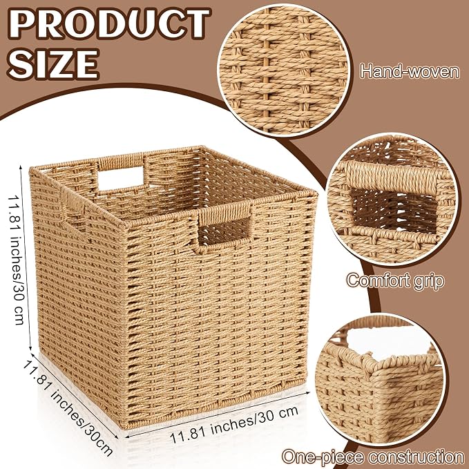 6 Pcs Wicker Storage Baskets 11.8 x 11.8 in Cube Storage Bin Organizer Camel Square Foldable Wicker Baskets for Shelves Organizing Decor Laundry Pantry Toys - Image 2