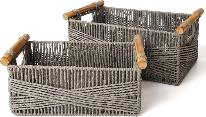 LA JOLIE MUSE Wicker Storage Baskets for Organizing, Recyclable Paper Rope Basket with Wood Handles, Decorative Hand Woven Basket Organizers for Makeup Books Shelves Living Room, Grey, Set of 2 by LaJol%C3%ADeMuse