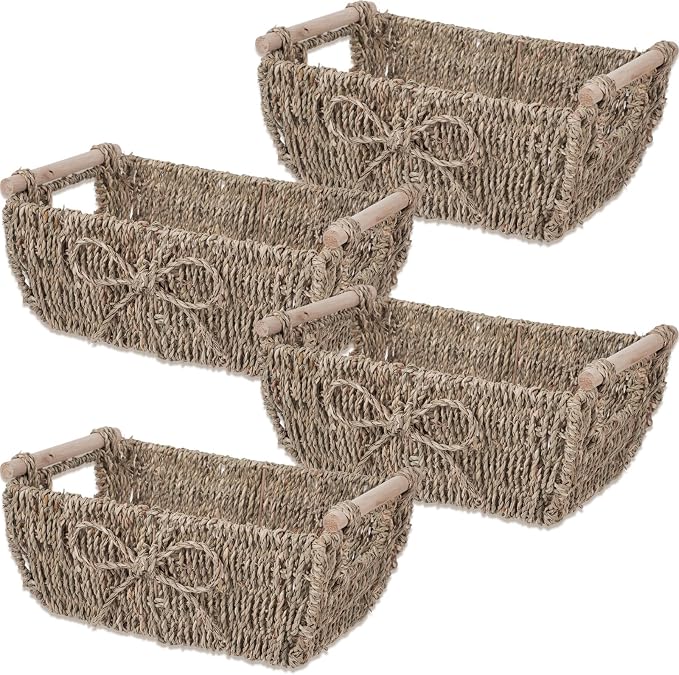 Colingmill 4 Pack Bow Large Storage Baskets with Wooden Handles Decorative Baskets for Gifts Empty Wicker for Shelf 12''l x 8''w x 4.8''h Hand-woven Round Paper Rope Containers - Image 2