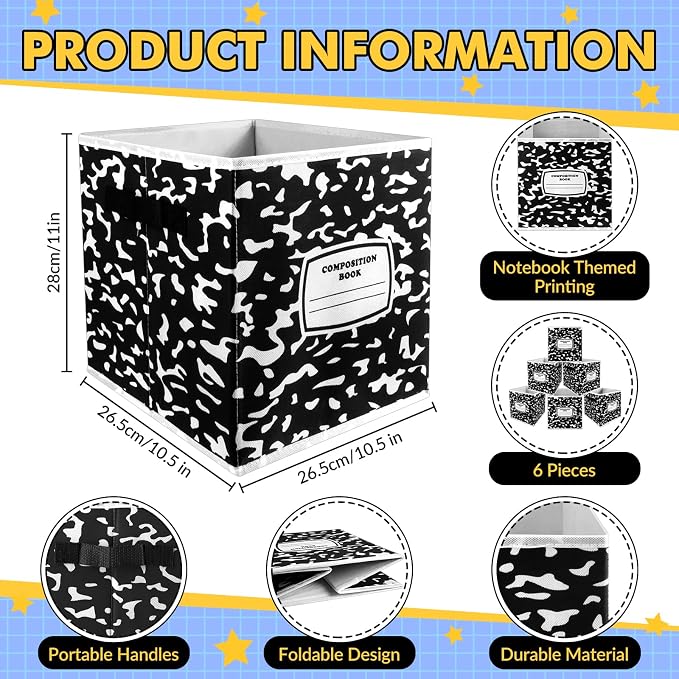 Demonwer 6 Pcs 11 Inch Fabric Storage Bins Notebook Themed Cubby Basket Bins with Handles Notebook Storage Containers for Back to School Decorations Office Home Organizer Supplies - Image 2