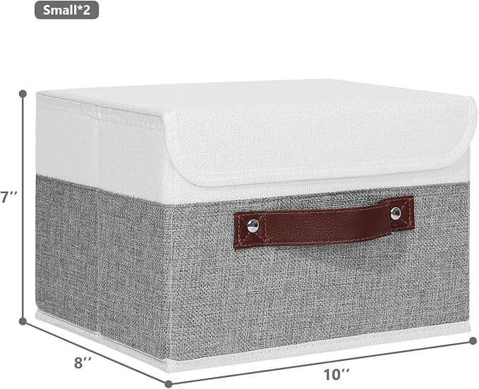 ANMINY Fabric Storage Box Bins with Lids, Gray White, 10"x8"x7", 2 Pack | Keepsake Memory Storage, Cotton Linen, PP Board Reinforced, Washable, PU Handles, Foldable & Stackable, Decorative, Small - Image 5