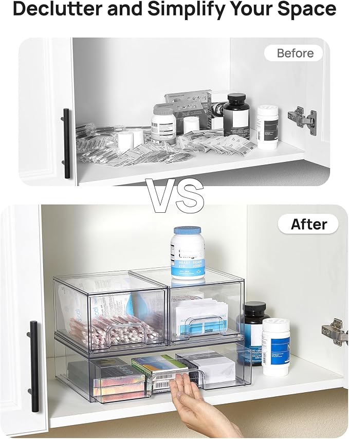Vtopmart Clear Stackable Storage Drawers Set of 4, Plastic Organizer Bins | Multi-purpose Boxes for Bathroom Accessories, Beauty Supplies, Ideal for Cabinet, Shelf, Pantry, Laundry Room Organization - Image 5