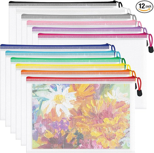 12Pcs A4 Letter Size Mesh Zipper Pouch Bags, 12 Colors | Waterproof, Puzzle Bag for Organizing, Storage, Board Games, Office Supplies by Aubeco