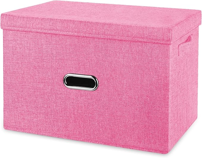 Large Linen Fabric Foldable Storage Bins with Removable Lid and Handles, Washable Storage Box Organizer Containers Baskets Cube with Cover for Bedroom,Office(Pink, Large) by Unknown