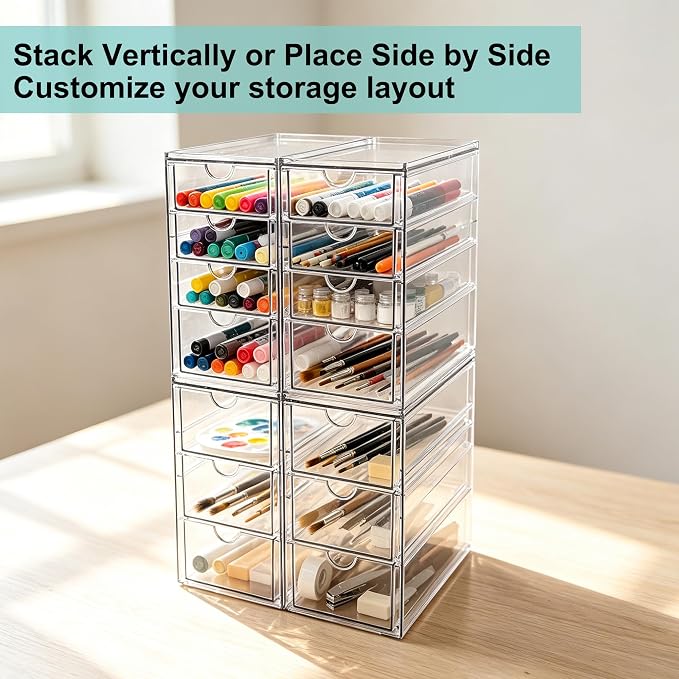 Prsildan Acrylic Desk Organizers with 14 Drawers, Stackable Makeup Storage | Anti-slip Clear Storage Bins, Vanity Organizer for Craft Bead Crayon Nail, Bathroom Kitchen Office Organization, 4 Pack - Image 5