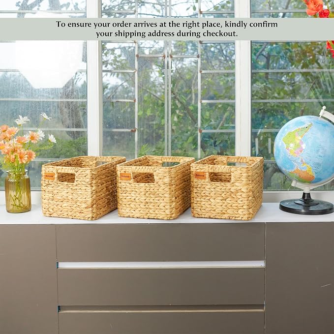 Large Wicker Storage Baskets, Set of 3, Water Hyacinth Basket Organizer, 14.2x10.2x8.7H Inches -Great Storage Solution for Shelf and Pantry Storage - Image 9