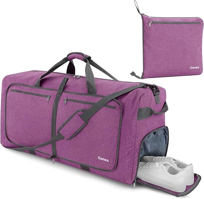 Gonex 80L Foldable Travel Duffle Bag with Shoe Compartment, Lightweight | 210D Nylon, Water-Repellent, Folds Compact, Multiple Pockets, Luggage Sleeve, Weekend Trips & Camping, Mauve - Image 8
