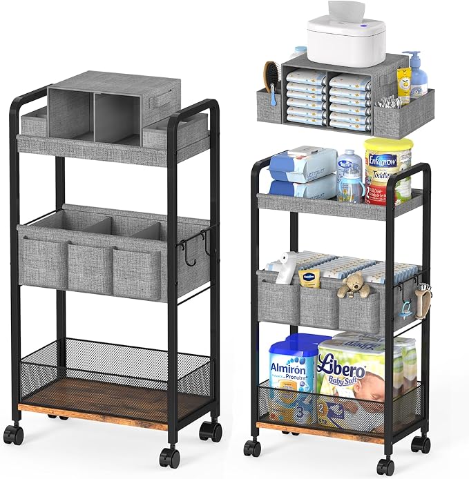2In1 Baby Diaper Caddy & 3-Tier Rolling Diaper Cart, Caddy Organizer Cart with Dividers, Mobile Metal Bedside Carts for Baby Essentials, Rolling Carts for Newborn Nursery with Wheels, Large Capacity by GLISWAM