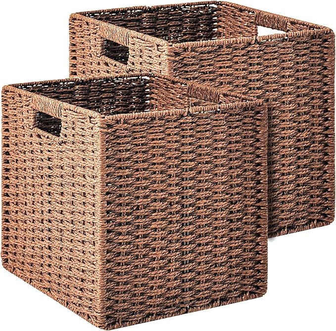 ICERZCZ Wicker Storage Baskets for Organizing Shelves, Paper Rope Woven Basket for Storage, Wicker Storage Cubes Bins, 11"x10.25"x11", 2 Packs, Brown by ICERZCZ