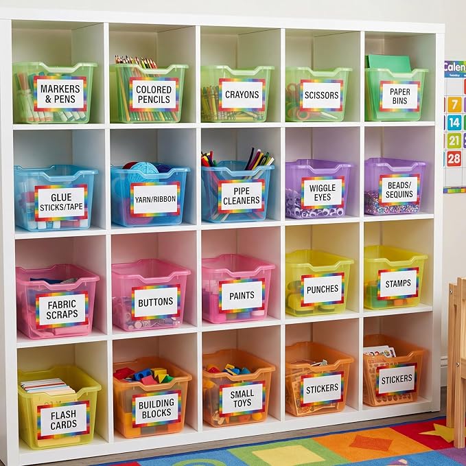 Funrous 48 Pack Plastic Cubby Bins for Classroom, Stackable Storage Bins with Rainbow Labels and Handles Cubby Organizer Containers for Teacher Supplies Home Office Daycare and Playroom (Bright) - Image 7