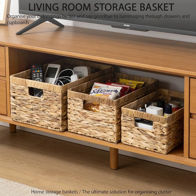 Storage Baskets,Woven Natural Water hyacinth Box with Handle,Kingwillow.(Set of 3) - Image 3