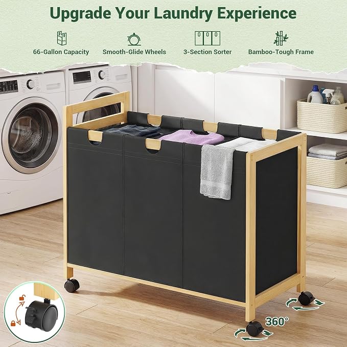 250L Laundry Sorter Cart with Wheels, 3-Section Rolling Laundry Basket with Removable Bags, 66 Gal Large Laundry Hamper Organizer, Heavy Duty Bamboo Frame, Water-Resistant, Black - Image 2
