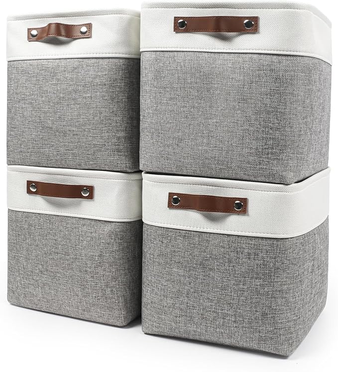 Collapsible Fabric Storage Cubes 11x11 Cube Storage Bins, 4 Pack Closet Baskets Box with Handles for Organizing, Shelf, Toys, Clothes, Home, Office, Nursery (Grey&White) by Bagnizer
