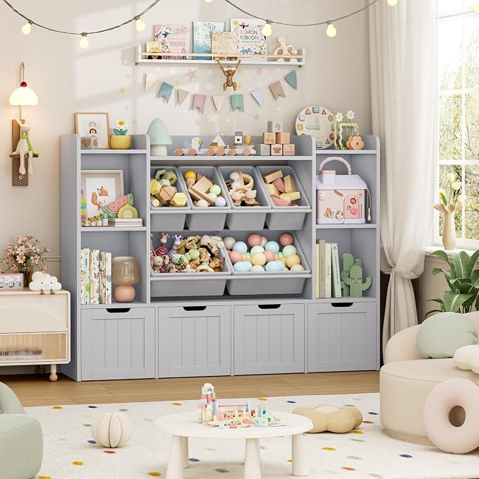 Toy Storage Organizer with Movable Drawer Toy Organizer for Kids | Large Toy Organizers and Storage with 6 Storage Cubbies, Kids Toy Storage and Toy Chest for Playroom and Kids Room, Grey - Image 2